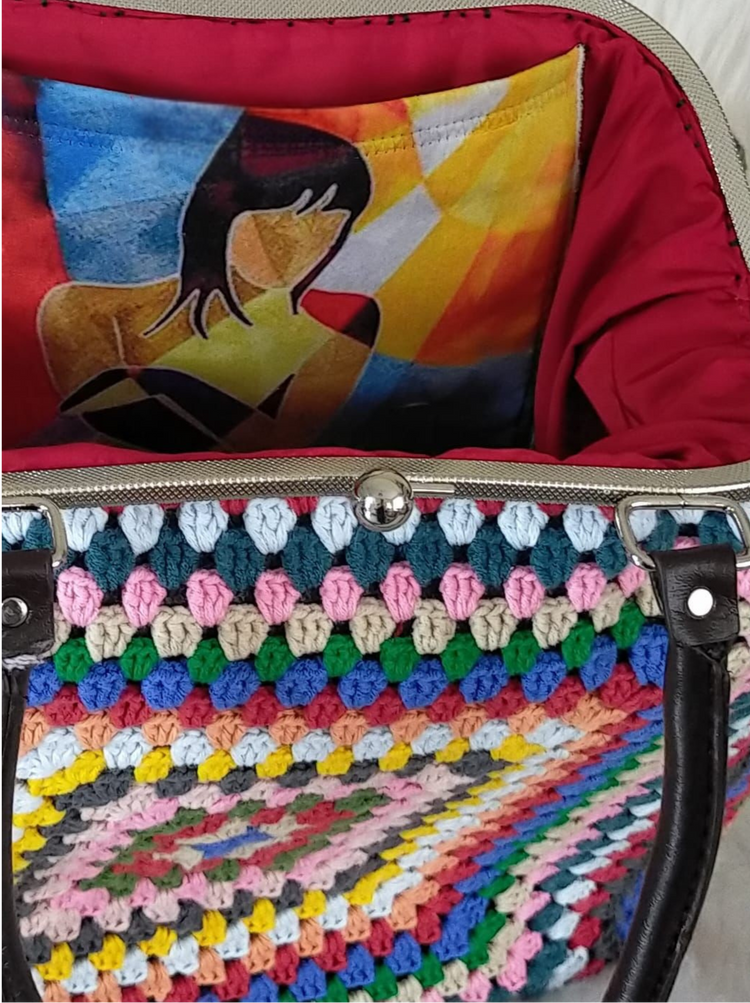 Colourful Granny Square Handbag with Leather Handles,