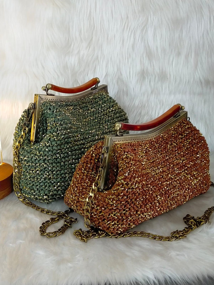 Crochet purse, raffia and shimmering metallic yarn