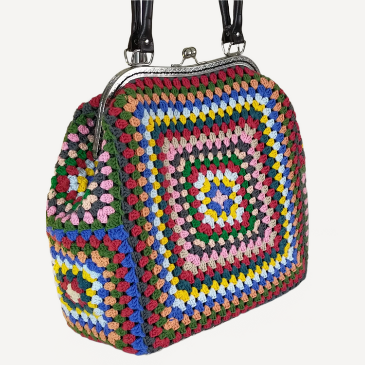 Colourful Granny Square Handbag with Leather Handles,