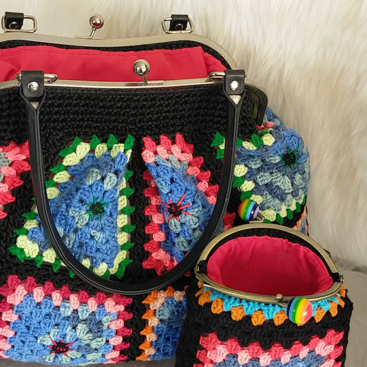 Crochet Granny Square Purse with Leather Handle Bag, Crochet coin Purse