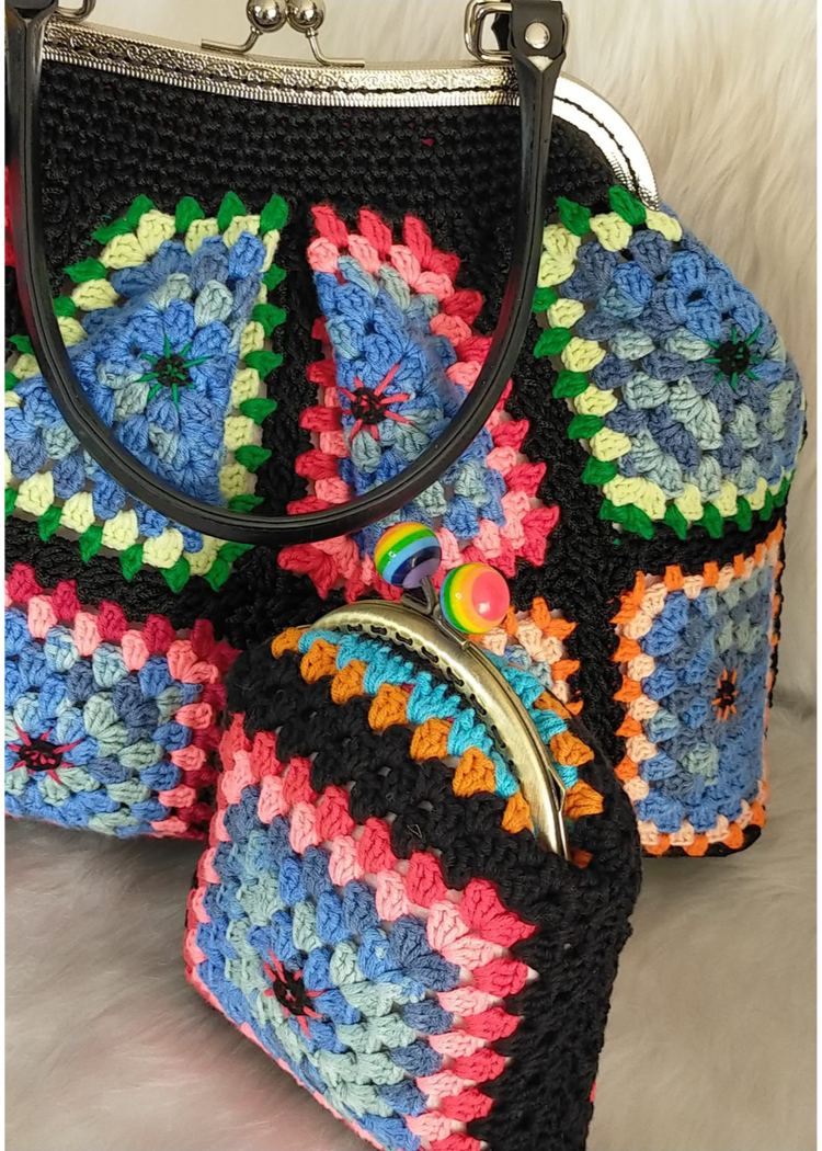 Crochet Granny Square Purse with Leather Handle Bag, Crochet coin Purse