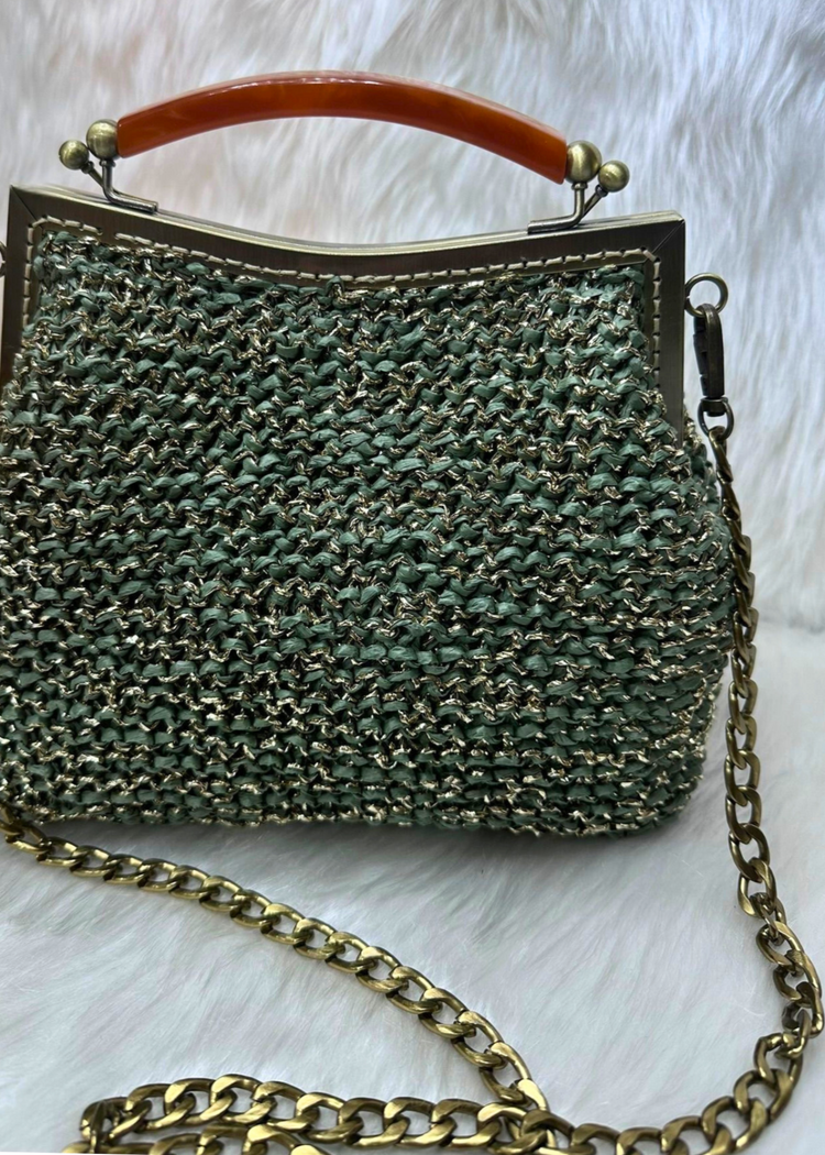 Crochet purse, raffia and shimmering metallic yarn