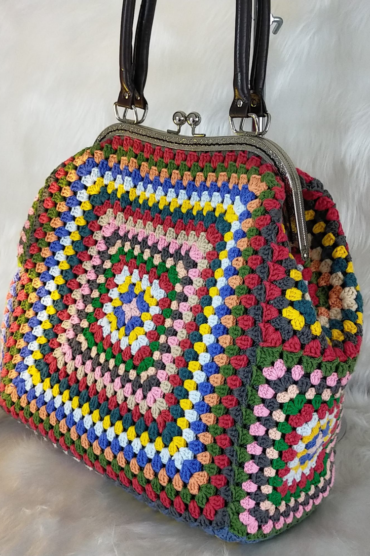 Colourful Granny Square Handbag with Leather Handles,