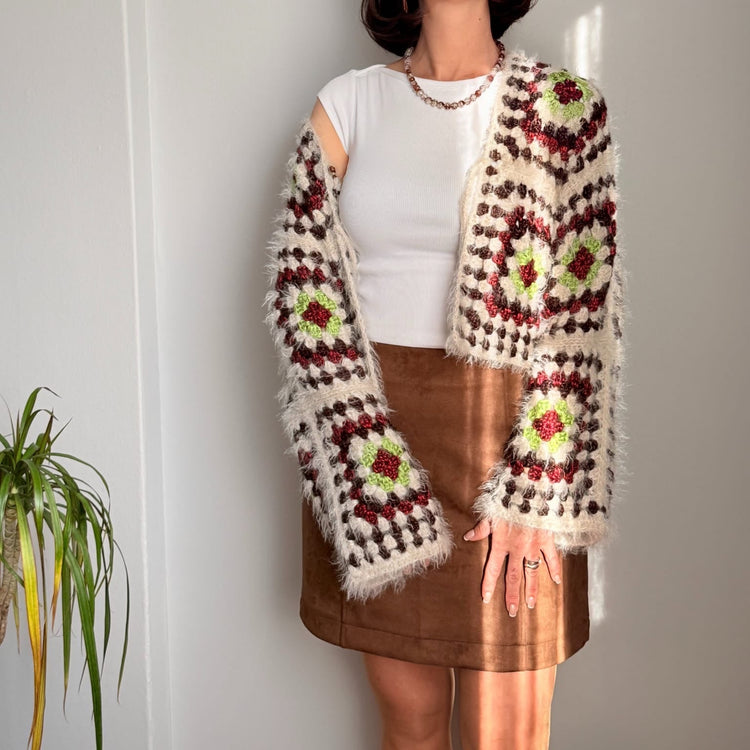 Fuzzy Granny Square Crochet Cardigan