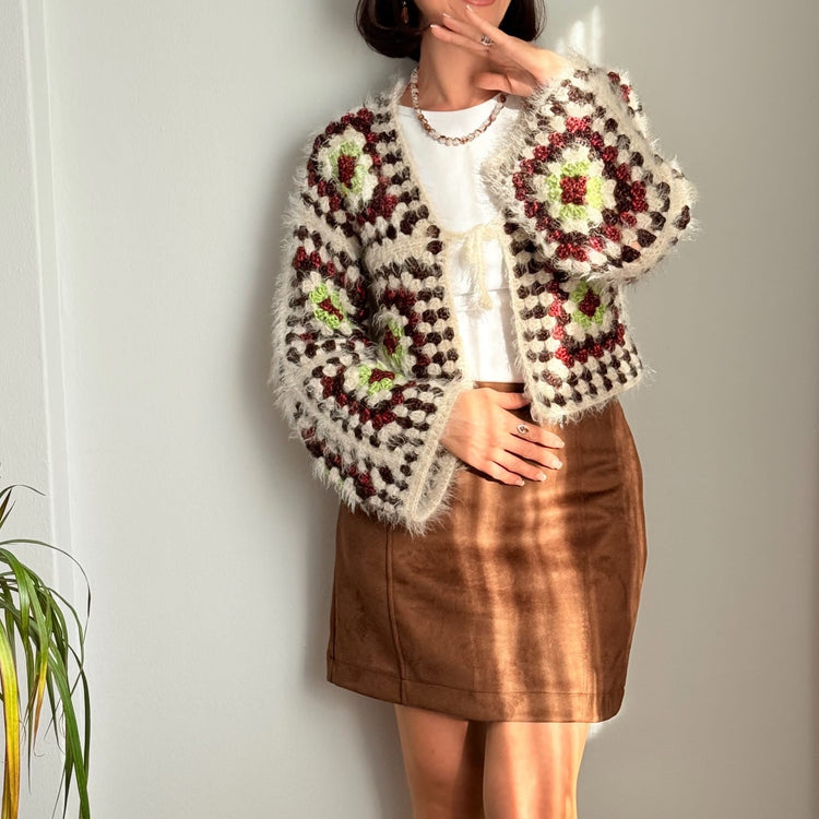 Fuzzy Granny Square Crochet Cardigan