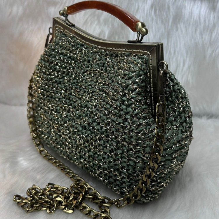 Crochet purse, raffia and shimmering metallic yarn