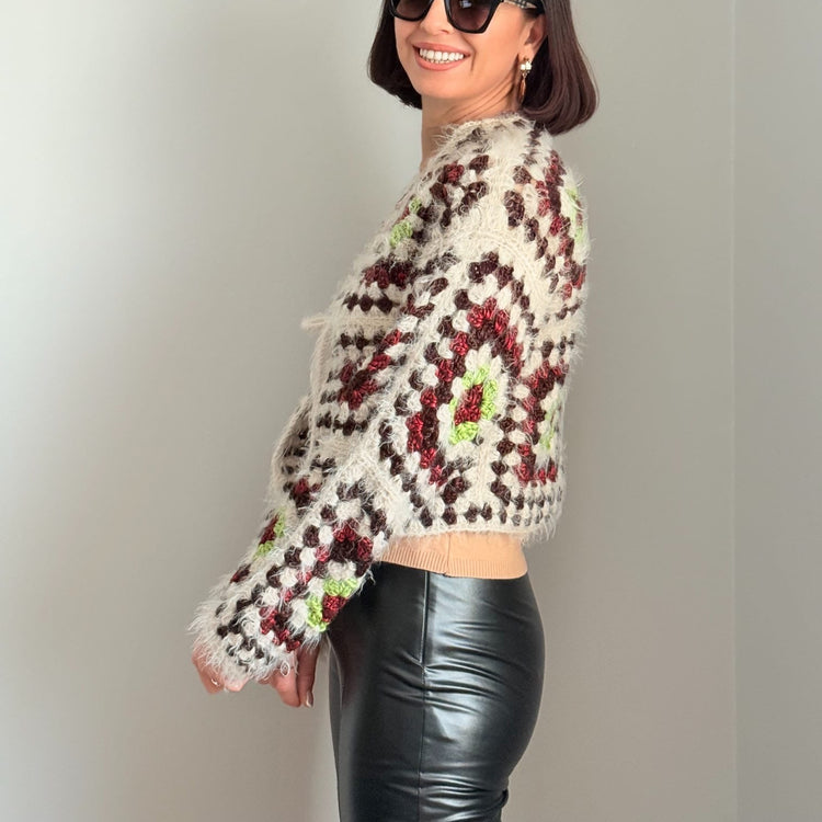 Fuzzy Granny Square Crochet Cardigan