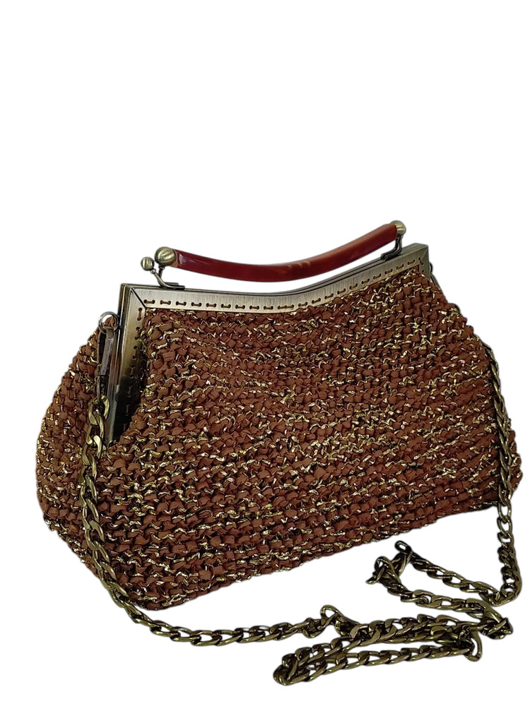 Crochet purse, raffia and shimmering metallic yarn