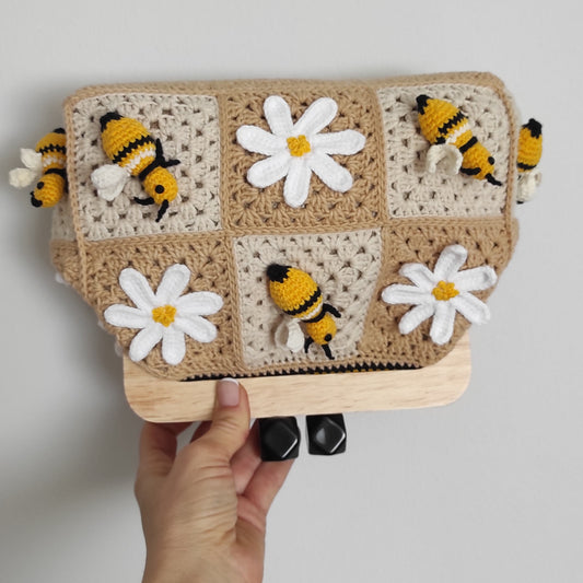 Discover our Handmade Crochet Bee Bag, featuring a whimsical design, removable leather strap, and nature-inspired elegance. Perfect for any outfit! - Reverse Side