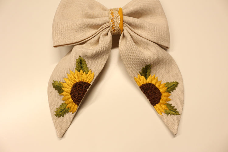Embroidered Hair Bow Sunflower