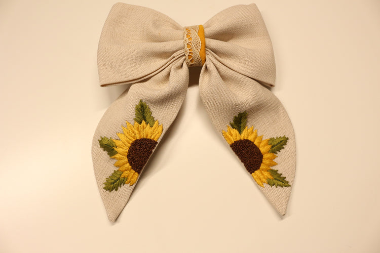 Embroidered Hair Bow Sunflower
