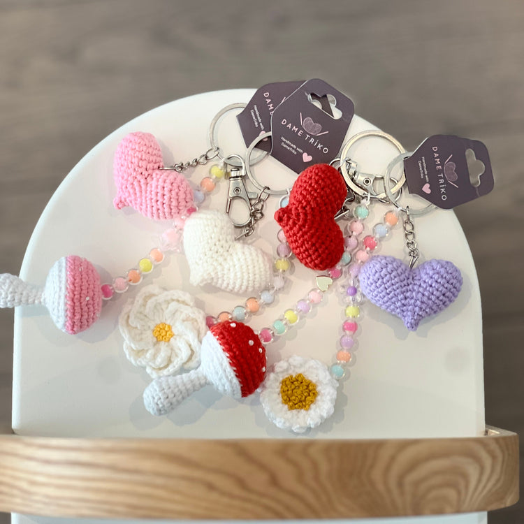 Collection of colorful crochet keychains