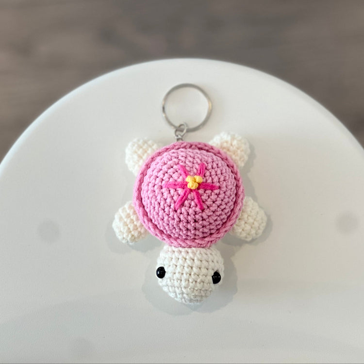 Crocheted pink turtle keychain