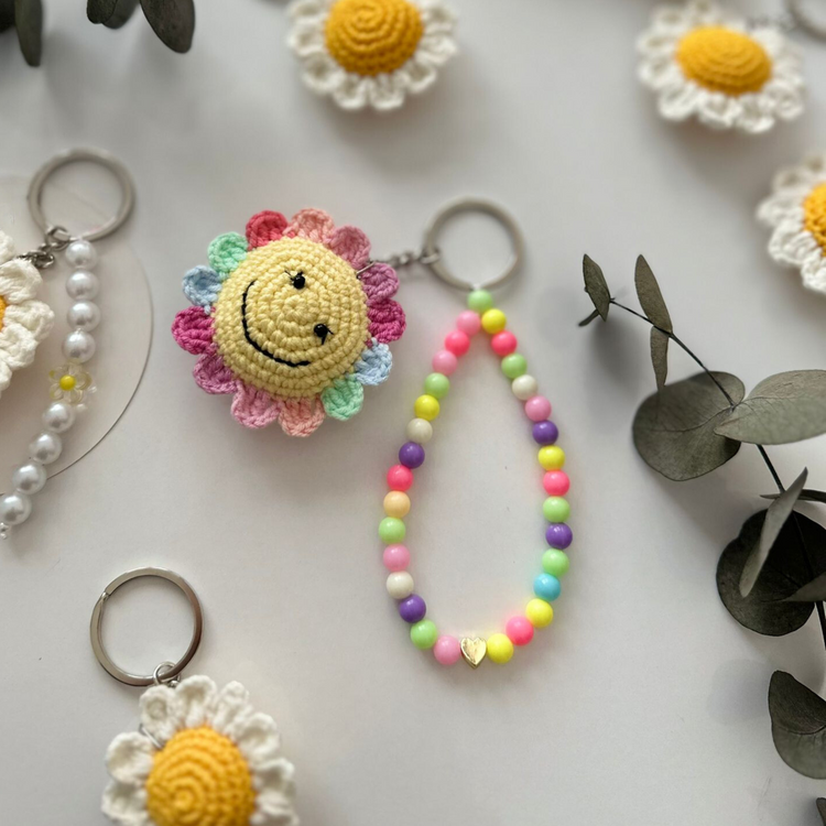 Colourful Handmade Crochet Smiley Sun Keychain