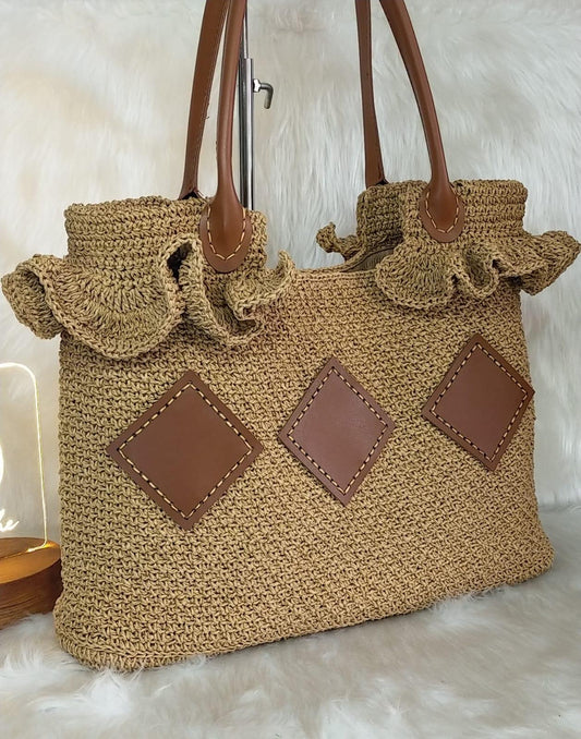 Luxury Raffia Tote Bag with Leather Details