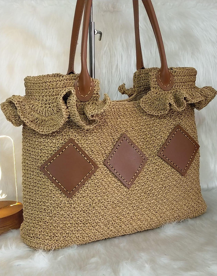 Luxury Raffia Tote Bag with Leather Details