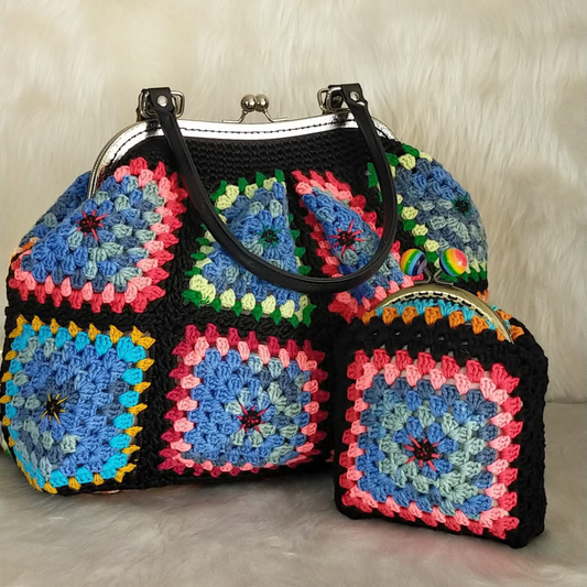 Crochet Granny Square Purse with Leather Handle Bag, Crochet coin Purse