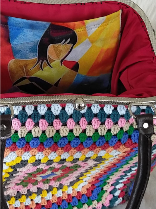 Colourful Granny Square Handbag with Leather Handles,