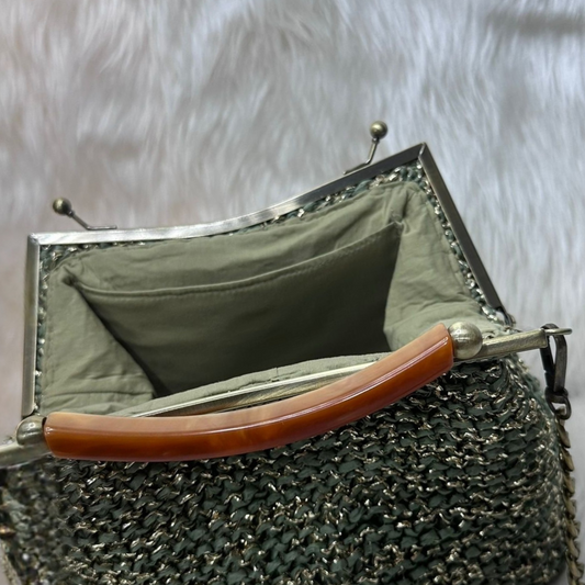Crochet purse,  raffia and shimmering metallic yarn