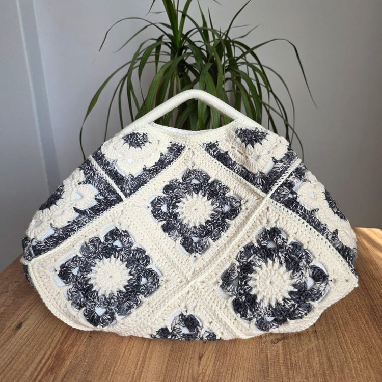 Monochrome Bloom Crochet Handbag