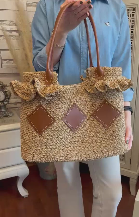 Luxury Raffia Tote Bag with Leather Details